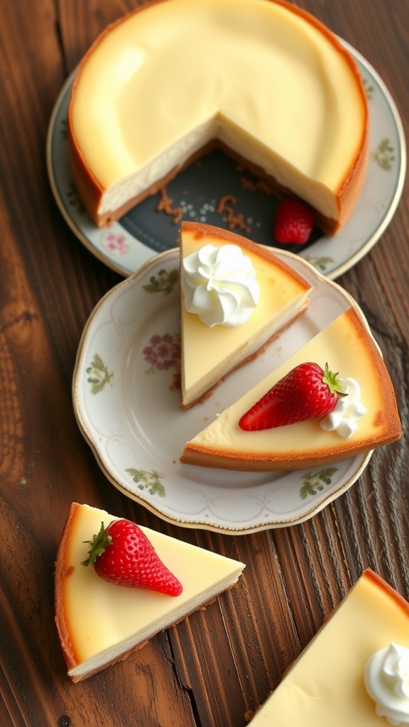 A classic 8-inch cheesecake on a plate, garnished with berries and whipped cream.